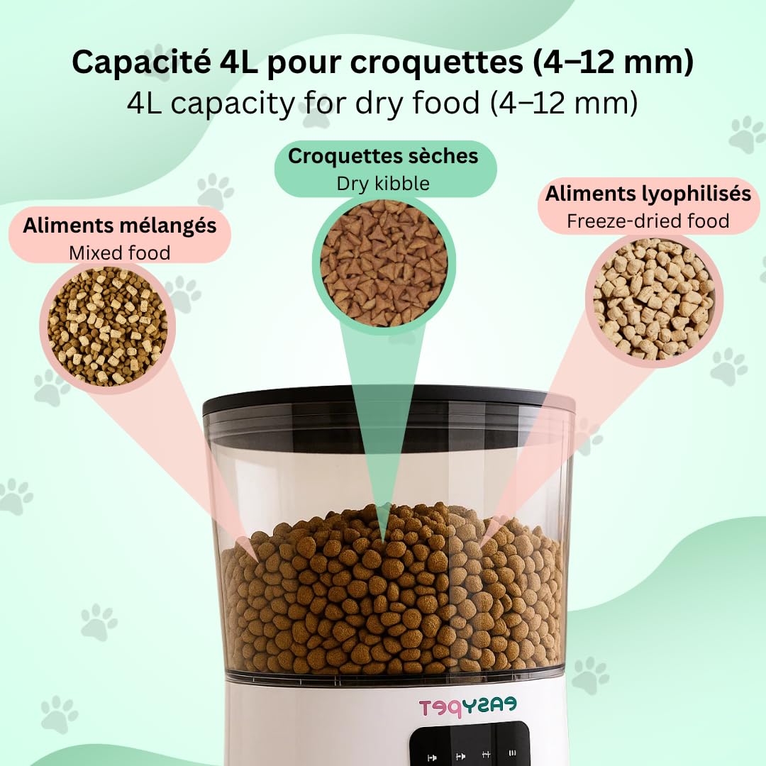 Dispensador automático de croquetas 4L – Programable de 3 a 6 comidas/día, cuenco de acero inoxidable extraíble, control de porciones, alimentación USB o pilas, para perros y gatos