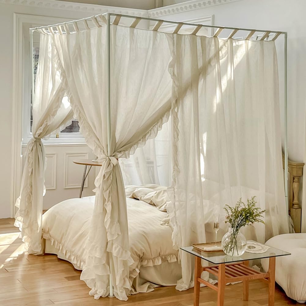 Mengersi Betthimmel-Vorhänge, Leinen-Betthimmel-Vorhänge, 4 Eck-Bettvorhänge, Baldachin-Vorhänge für Schlafzimmer-Dekor (Elfenbein, voll)