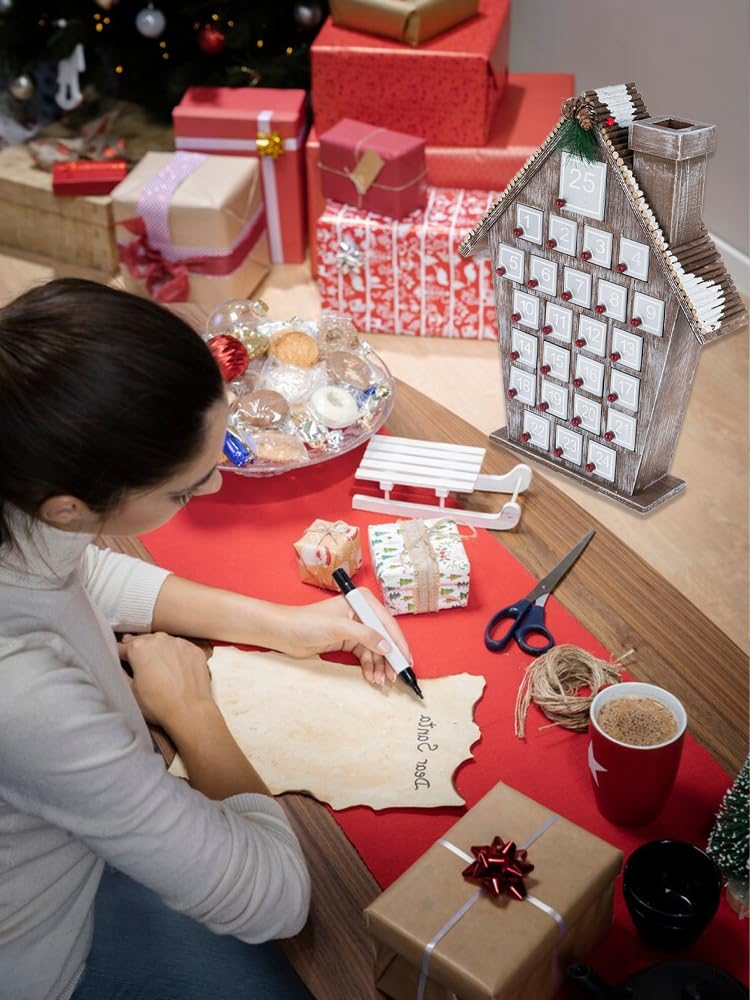 Calendario Dell'Avvento di Natale in Legno, Calendario Dell'Avvento a Forma di Casa con 24 Cassetti e Numeri da Riempire 2024, Calendario Dell'Avvento Riutilizzabile Fai-da-te