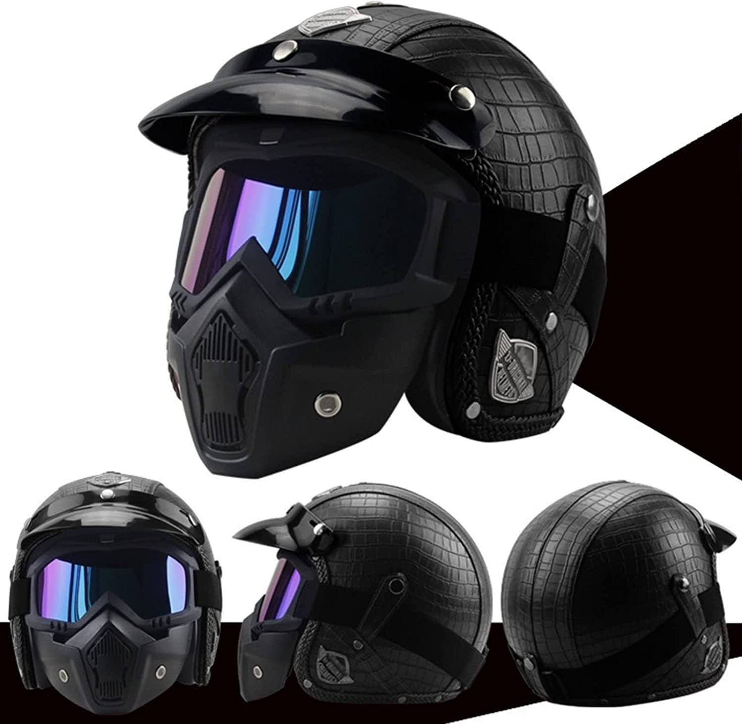 Pu lederen helmen motorfiets chopper fietshelm open gezicht vintage motorhelm goggle masker integraalhelm motor G,L59-60CM