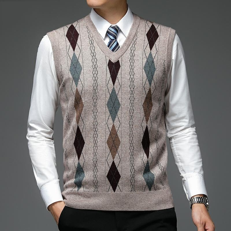 Men Argyle Pullover Sweater V Neck Knit Vest Men Diamond Trendy 6% Wool Sleeveless Clothing2