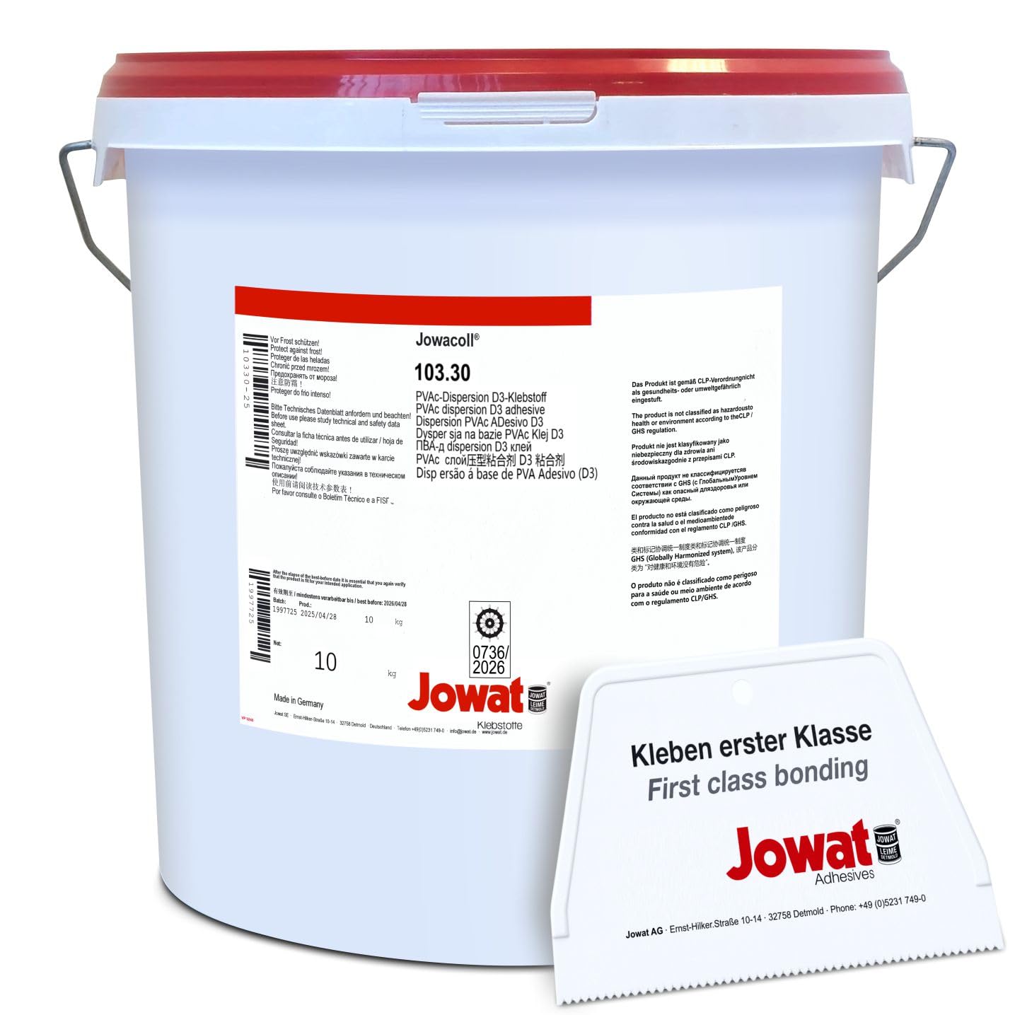 Jowat Jowacoll 103.30 10 kg Holzleim-Set inkl. Leimspachtel – Dispersionsleim D3 / D4 für Holz, Kanten, Furniere & Möbelbau – hohe Festigkeit