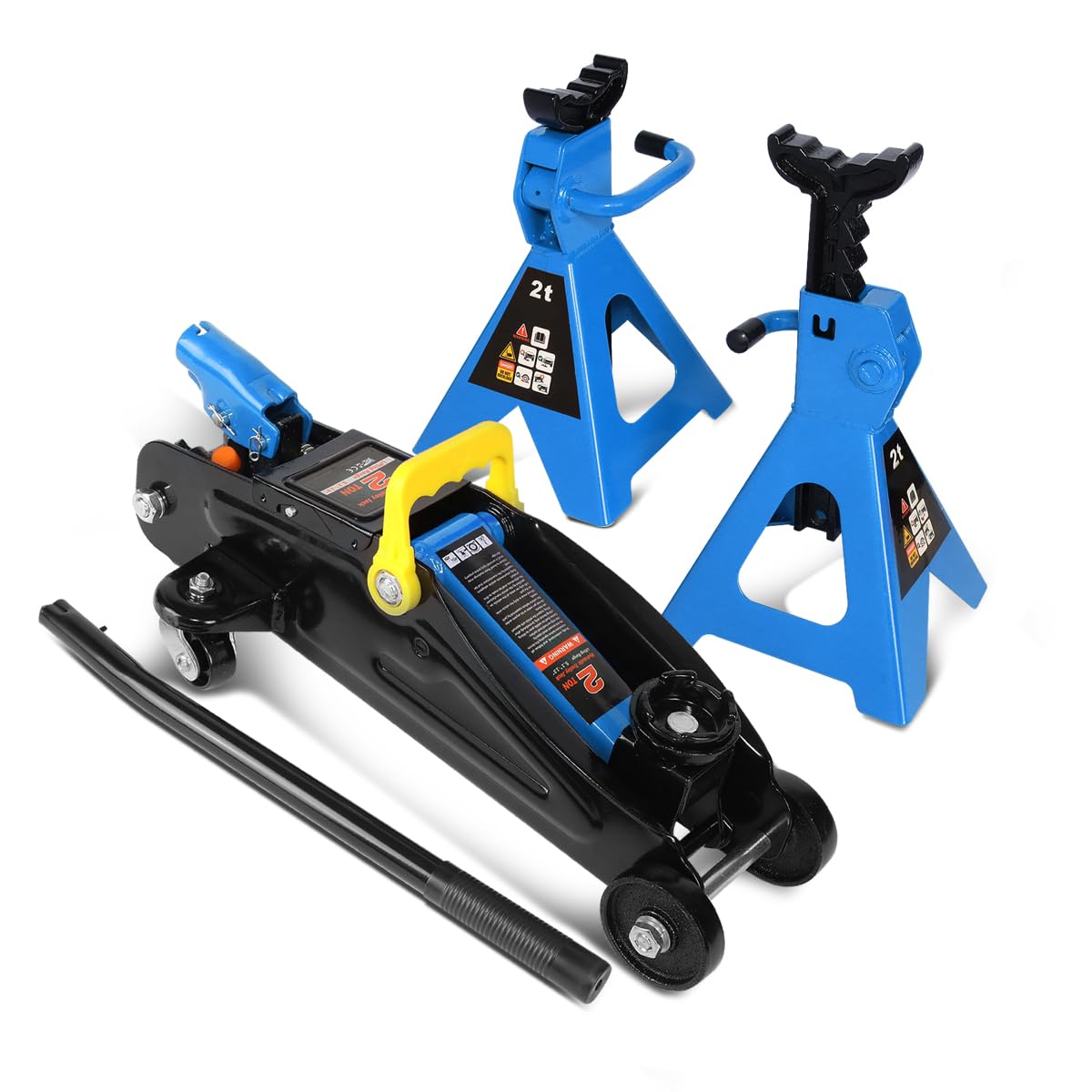 Auto Dynasty Universal Low Profile Garage Hydraulic Trolley Service Lift Floor Jack Combo with Ratchet Jack Stands, 2 Ton (4000 lbs) Capacity, Alloy Steel,Blue