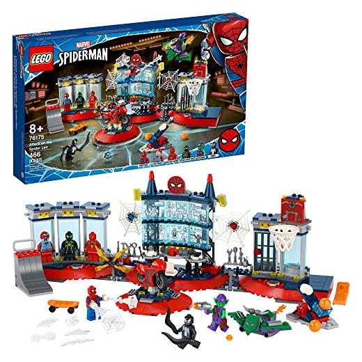 LEGO Marvel Spider-Man Attack on The Spider Lair 76175 Cool Building Toy, Featuring The Spider-Man Headquarters; Includes Spider-Man, Green Goblin and Venom Minifigures, New 2021 (466 Pieces)