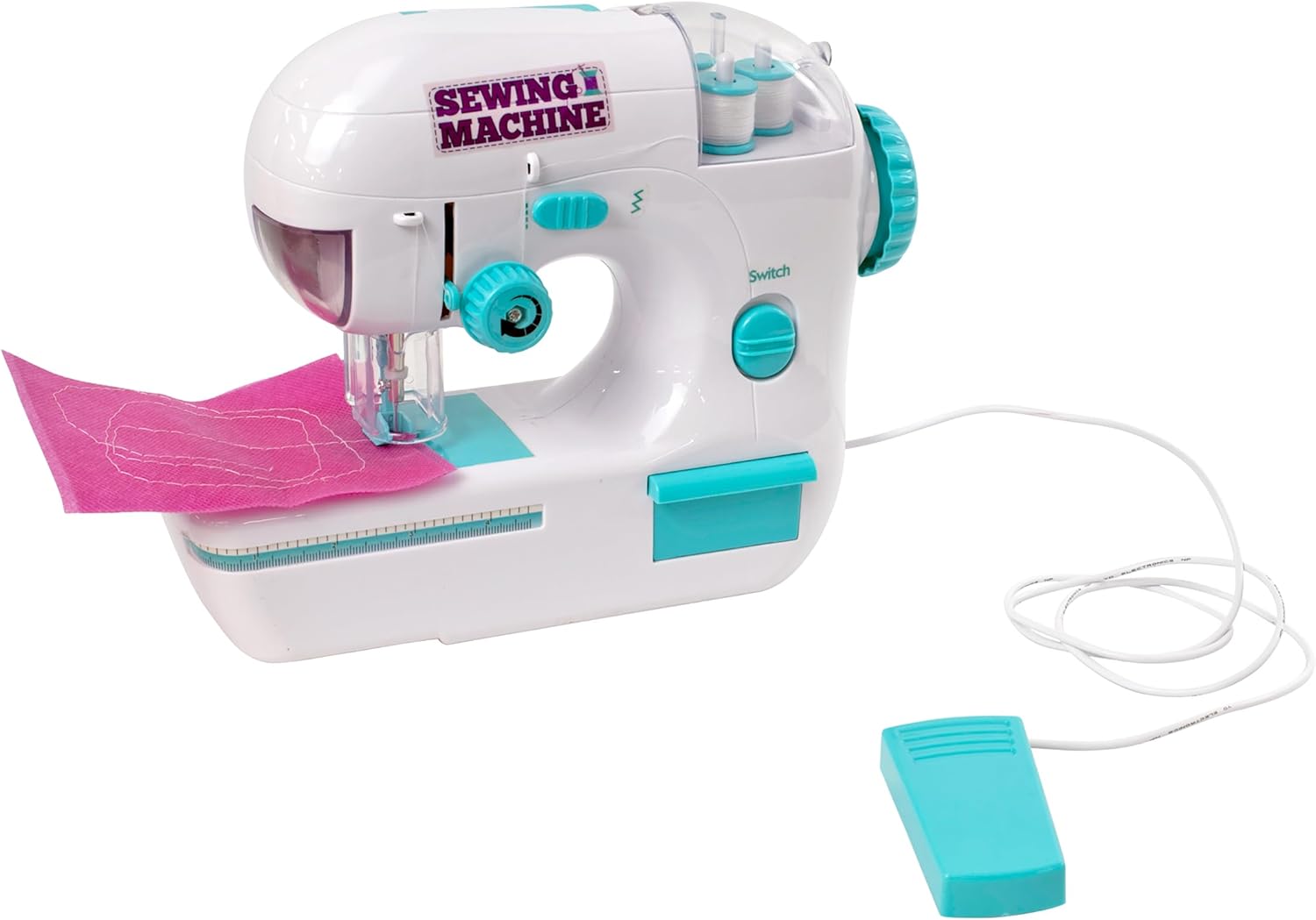 Gener8 Battery Operated Sewing Machine with a piece of pink fabric under the needle and the foot pedal connected.