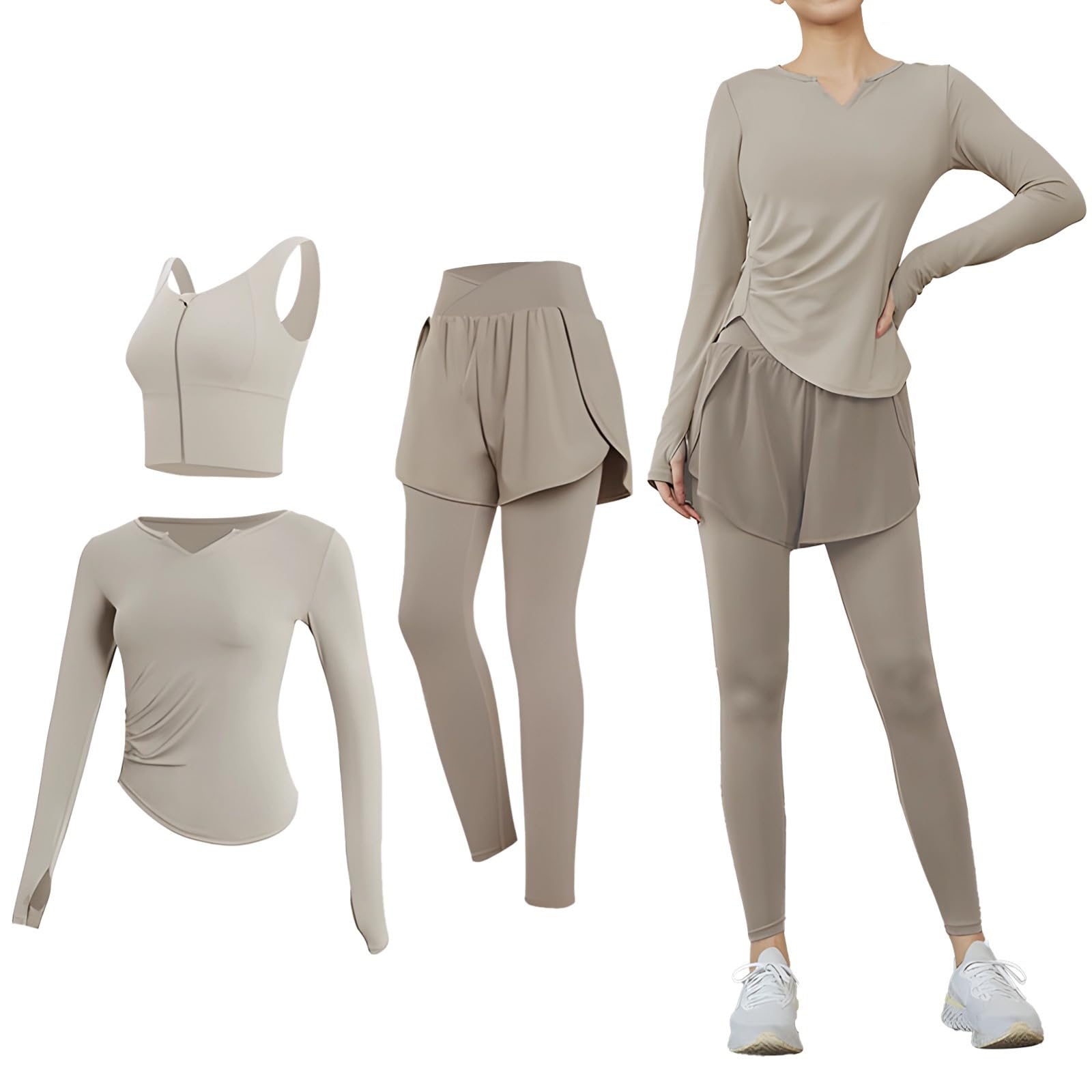 Conjunto de entrenamiento de 3 piezas para mujer, traje de yoga con telas transpirables y tecnología antibolitas, XXL para 135-150, ropa deportiva cómoda y versátil, Kahki., Talla única
