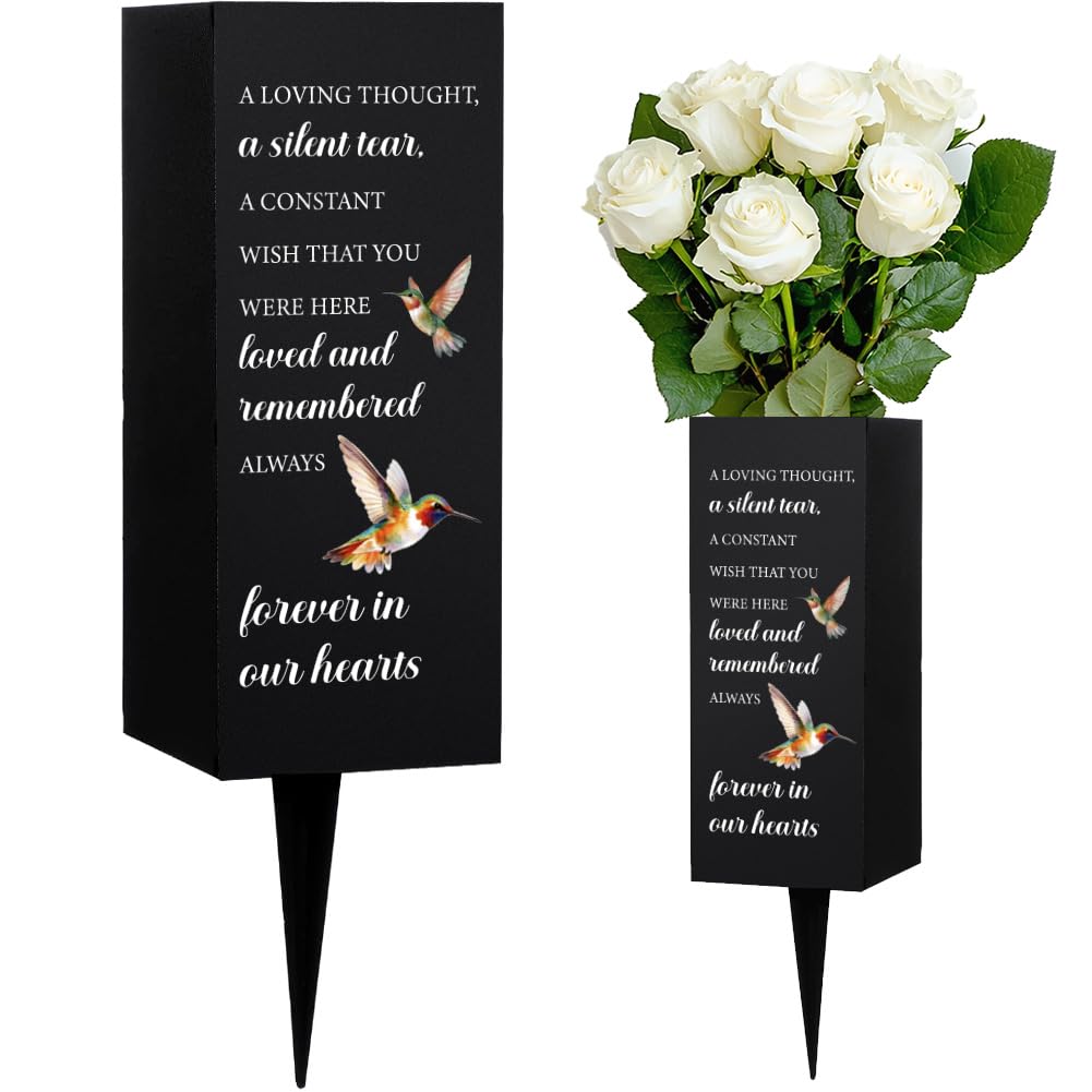 WEBEEDY Metal Cemetery Vases with Spike, Forever in Our Hearts Memorial Grave Vases Hummingbird Pattern Grave Decorations for Cemetery, Sympathy Gifts for Loss of Loved One,Mon Dad Brother, 1pc,8x20cm