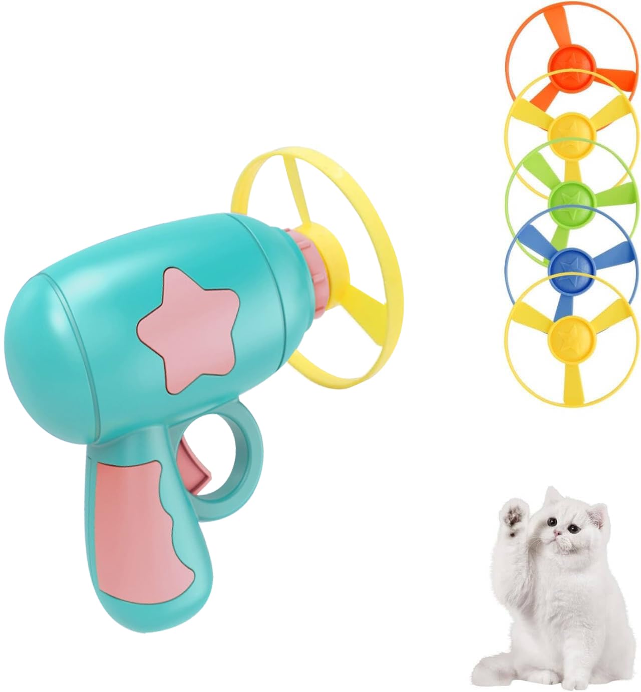 Andiker Cat Fetch Toy, Interactive Kitten Flying Disc Launcher Toy with 5 Colorful Flying Propellers for Cat Enrichment, Flying Saucer Toy for Cats