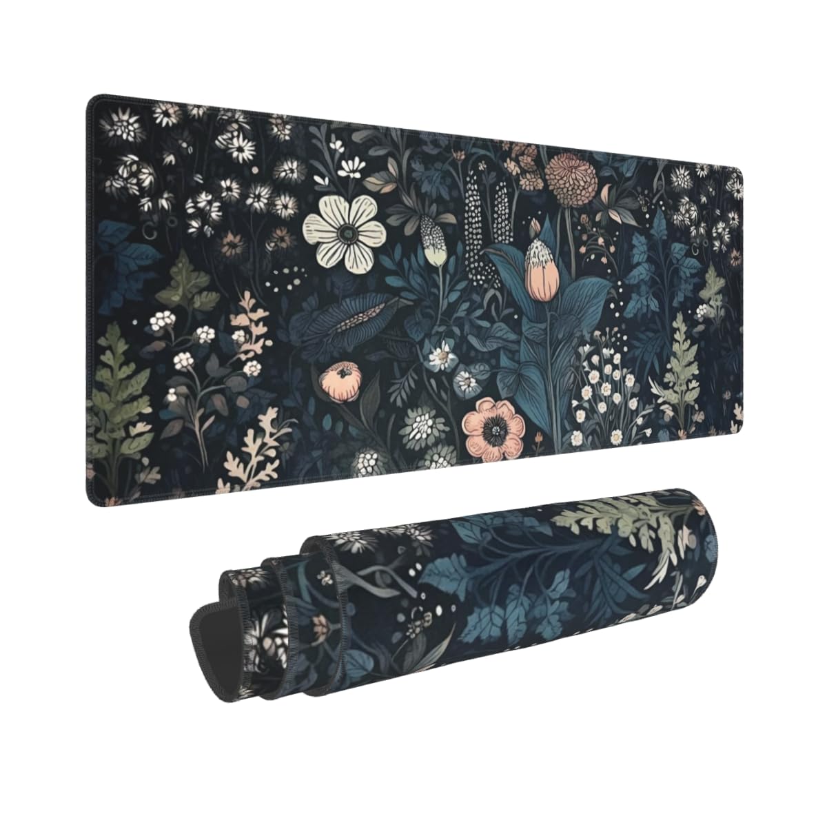 Dark Flower, Floral Plants Mouse Pad, Aesthetic Wildflowers Desk Pad, Gaming Mouse Pad, Non-Slip Rubber Base, Stitched Edges，31.5x11.8 inch Computer
