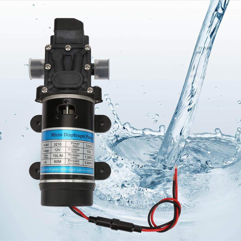 Elprico Bomba de Agua Eléctrica, 12V 120W, Diaphragm, Negro, Acero Inoxidable, 10L/m, 80m de Elevación, para Lavadora de Alta Presión