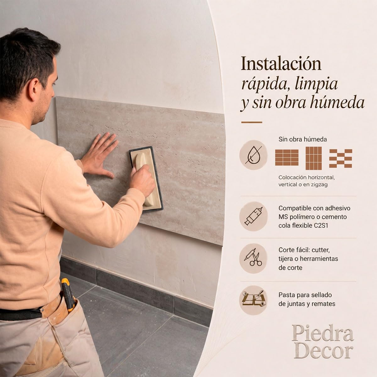 Panel piedra flexible TRAVENTINO BEIGE IT-D01 60x120 cm - 3-5 mm ultrafino, ligero, curvable, resistente, interior y exterior, sin obra, textura real x2 uds acabado premium.