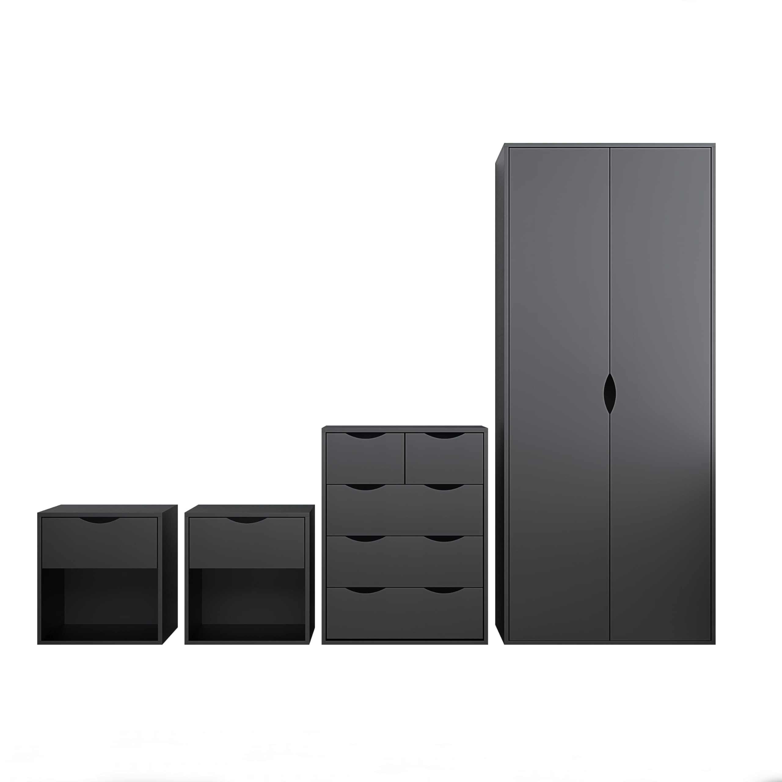 AFN Delvito 4 Piece Bedroom Furniture Set - Includes Wardrobe, 5 Drawer Chest, Bedside Cabinet (Black MATT on Black)