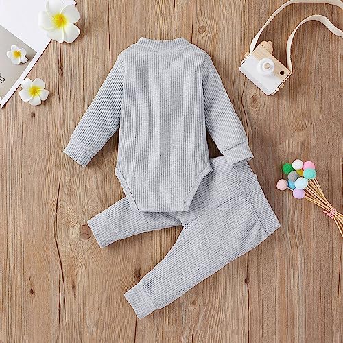 Newborn Baby Bodysuit Boys Girls Ribbed Knit Rompers Long Sleeve Crewneck Tops Solid Elastic Pants Set 2Pcs Outfit3