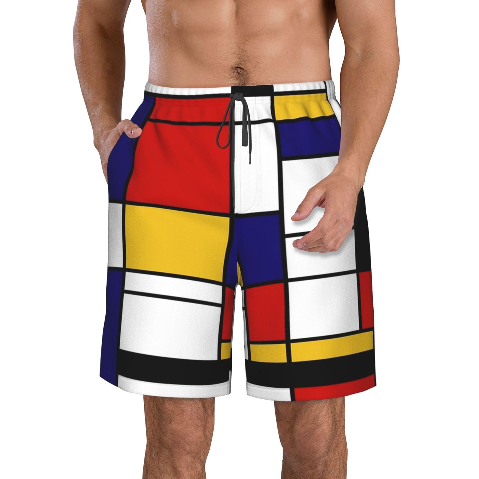 Hyaszst Men's As Shown Beach Pants Breathable Shorts Quick-Drying Shorts Swimming Trunks Drawstring Casual Pants,Artistic Mondrian Style Color Composition Red,,M