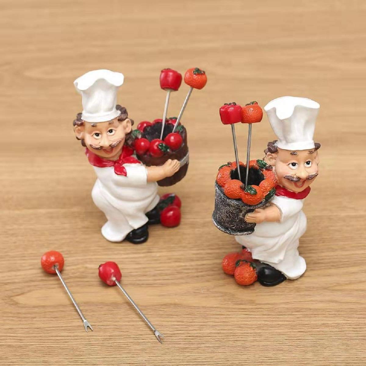 NYRWANA Polyresin Chef Fruit Pick Holder with 5 Stainless Steel Forks Picks 4