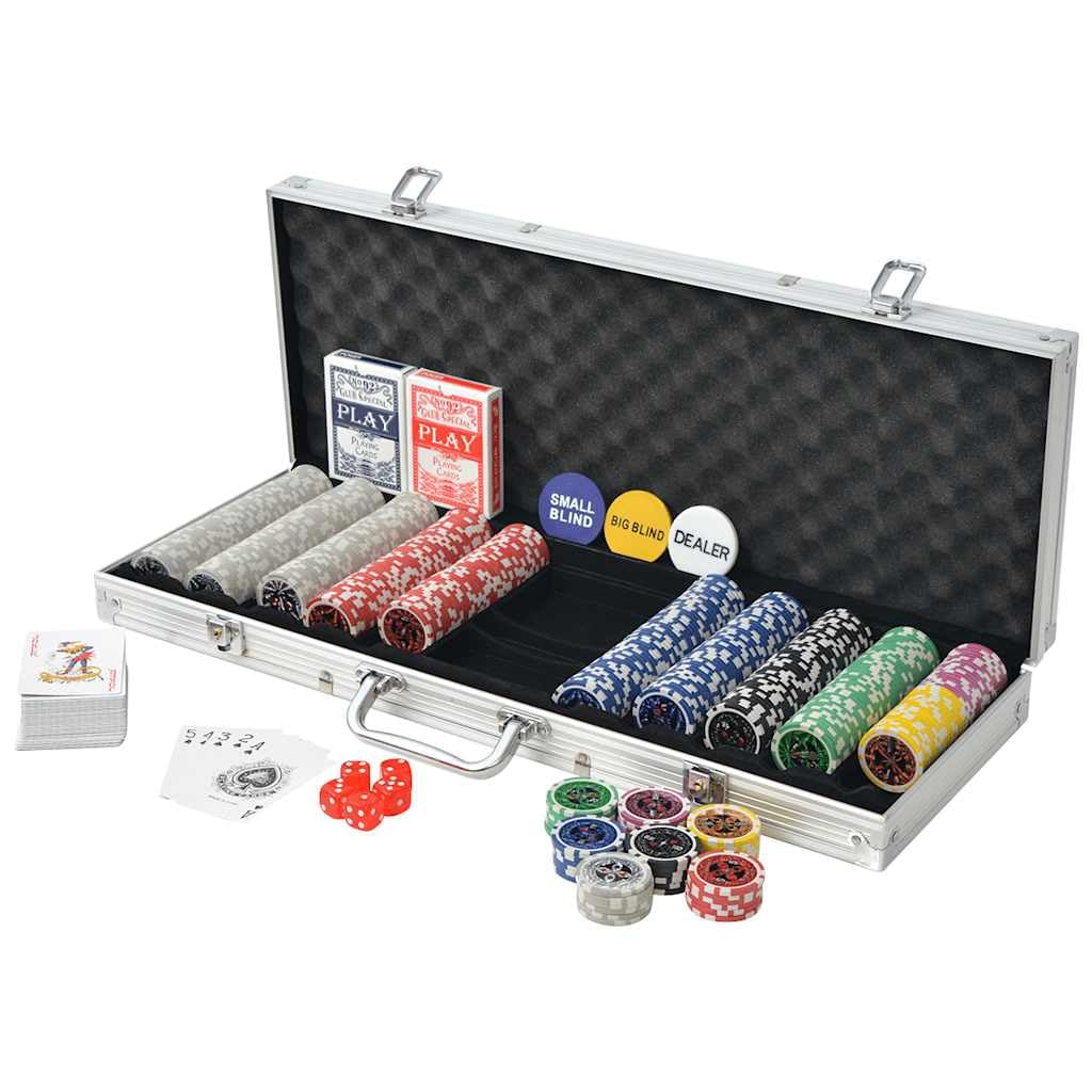 Set da poker con 500 chip laser da 11,5 g, valigetta da gioco professionale in alluminio, con pulsanti Dealer e carte da gioco
