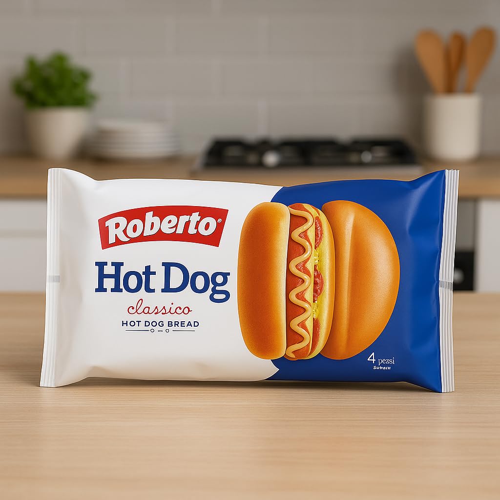 Hot Dog Classico Pane Morbido per Hot Dog, 4 Panini per Confezione, Ideale per Grigliate e Ricette Americane, Scorta da 8 Confezioni"