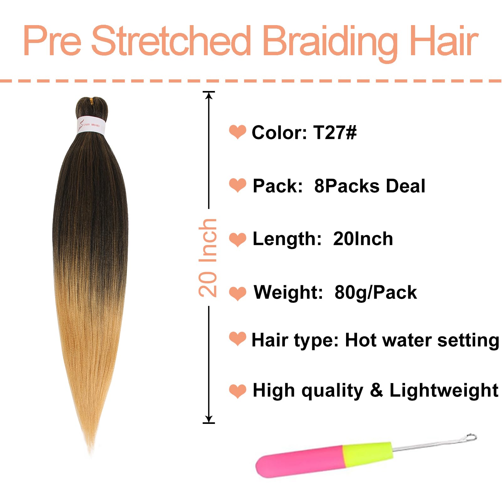 Mscat 20 Inch 8 Packs Pre Stretched Braiding Hair Ombre Brown Pre Stretched Braiding Professional Synthetic Prestretched Crochet Braids Hair Extension Hot Water Setting Yaki Texture (T27#) - Image 2