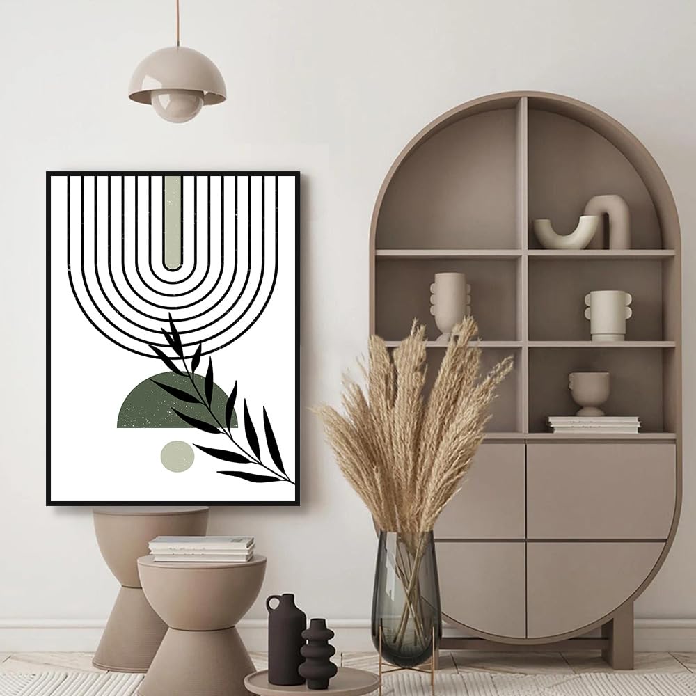 Poster mural abstrait bohème vert sauge avec cadre en métal noir (8x12in