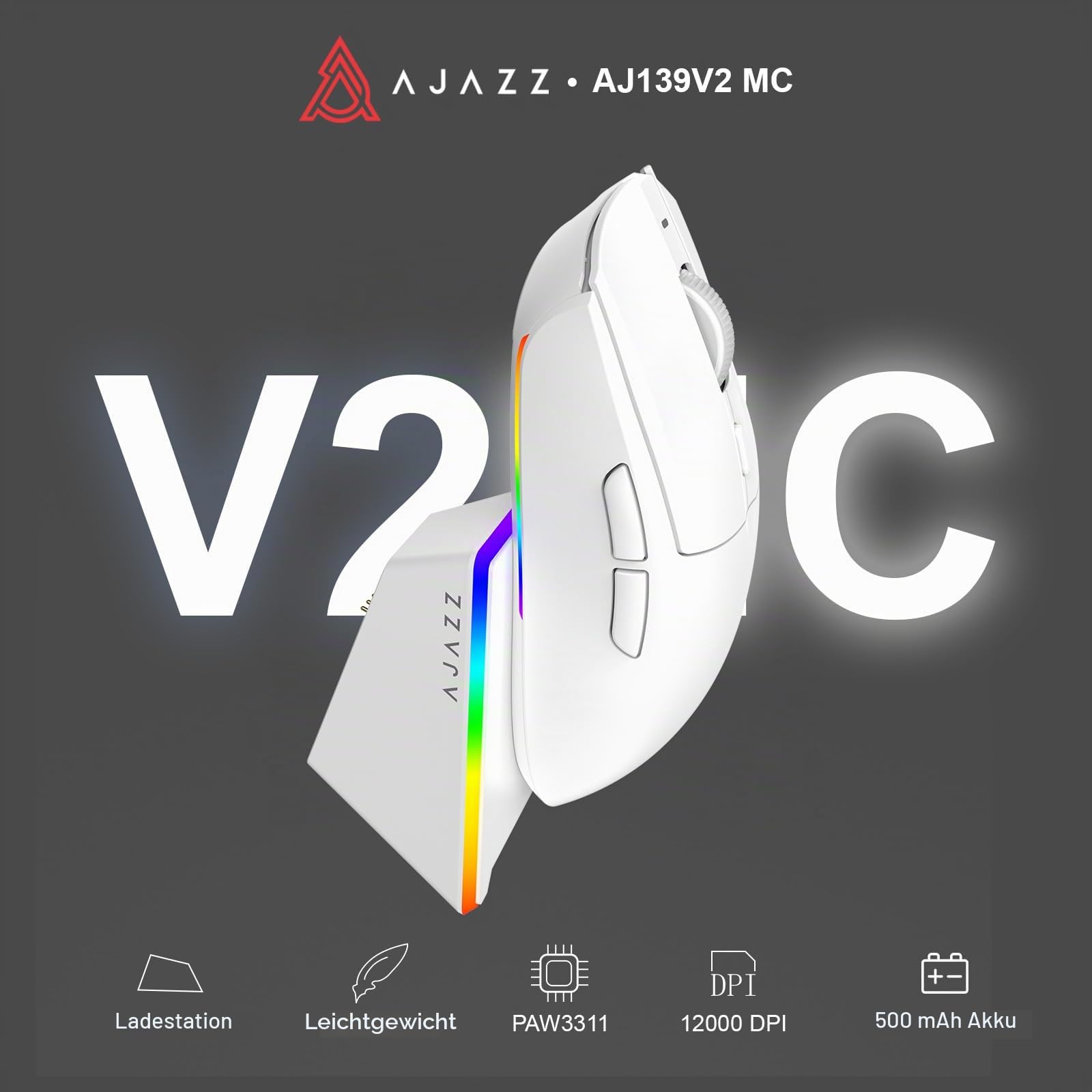 AJAZZ AJ139 V2 MC Wireless Gaming Mouse, PAW3311 Sensor, 24K DPI, 2.4G/USB-C/BT, 66g, White