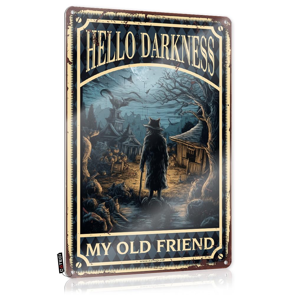 MWFKKADDB Man Cave Sign Decor Black Cat Witch Halloween Hello Darkness My Old Friend Tin Sign Metal Signs Vintage80S Room Decorfunny Bathroom Decorkitchen Decor Sarcastic Signs Bro Cave Sign(30X40CM)