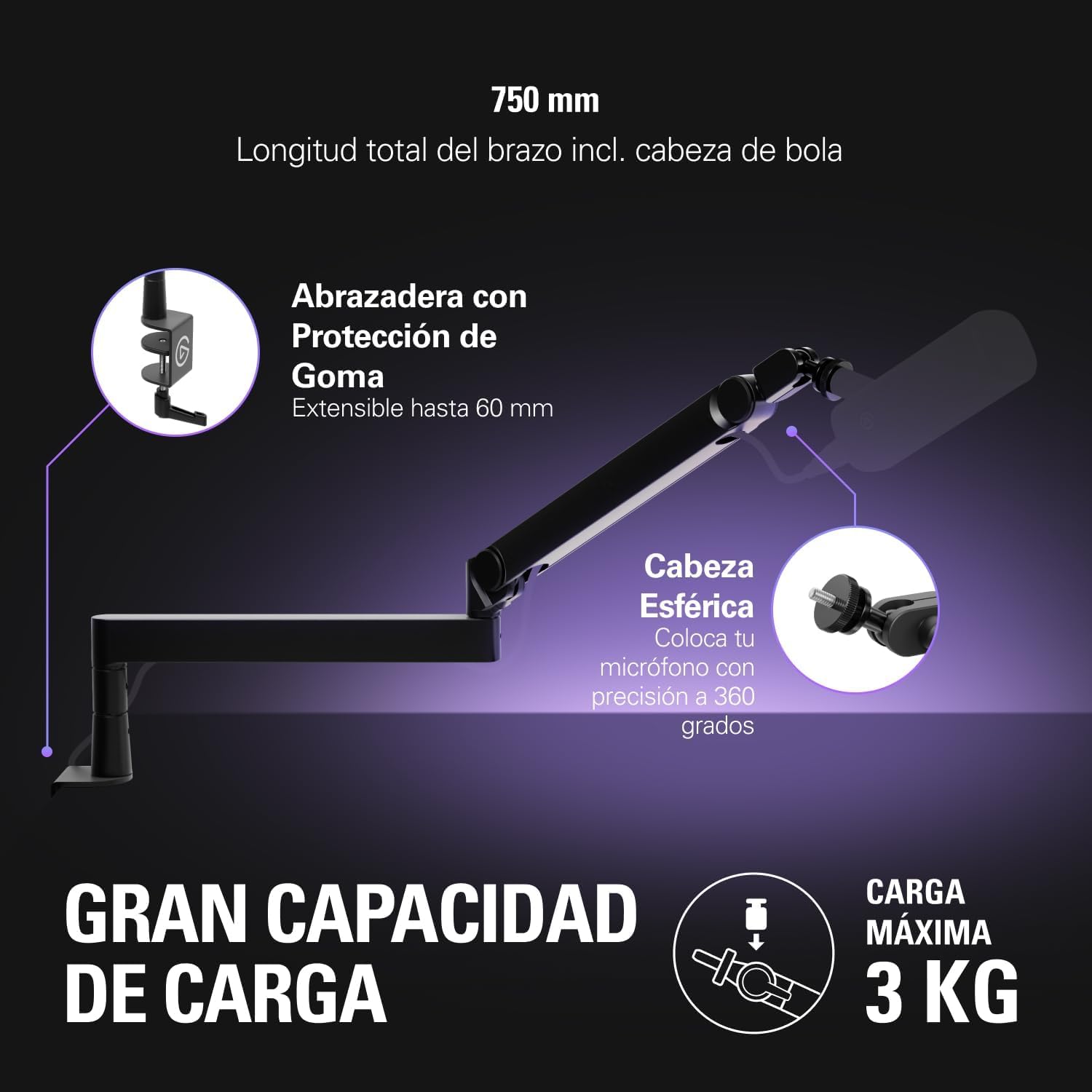 Elgato Wave Mic Arm Pro - Brazo de Perfil Bajo Giratorio 360° con suspensión de Gas para Micrófono, Compatible con micros Elgato/Shure SM7B/HyperX/Rode/Blue Yeti y más, Para Broadcasting/Podcasting