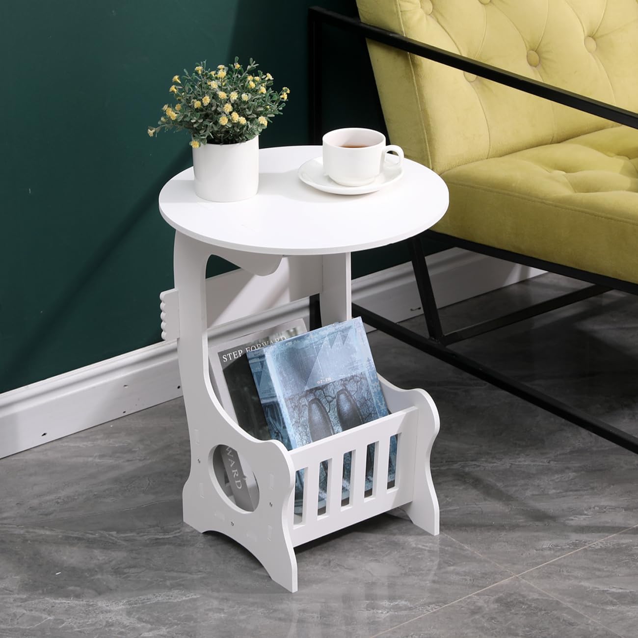 White Round End Table with Storage Basket, Bedside Nightstand, Small Coffee Table for Living Room, Bedroom, Balcony, Hallway, Waterproof Bathroom Side Table