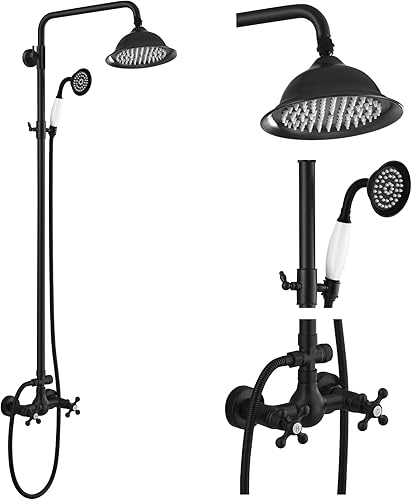 Miniatura 16 de gotonovo Sistema de ducha de latón antiguo, cabezal de ducha de lluvia de 8 pulgadas, rociador de mano, doble mango cruzado, grifo de ducha de baño