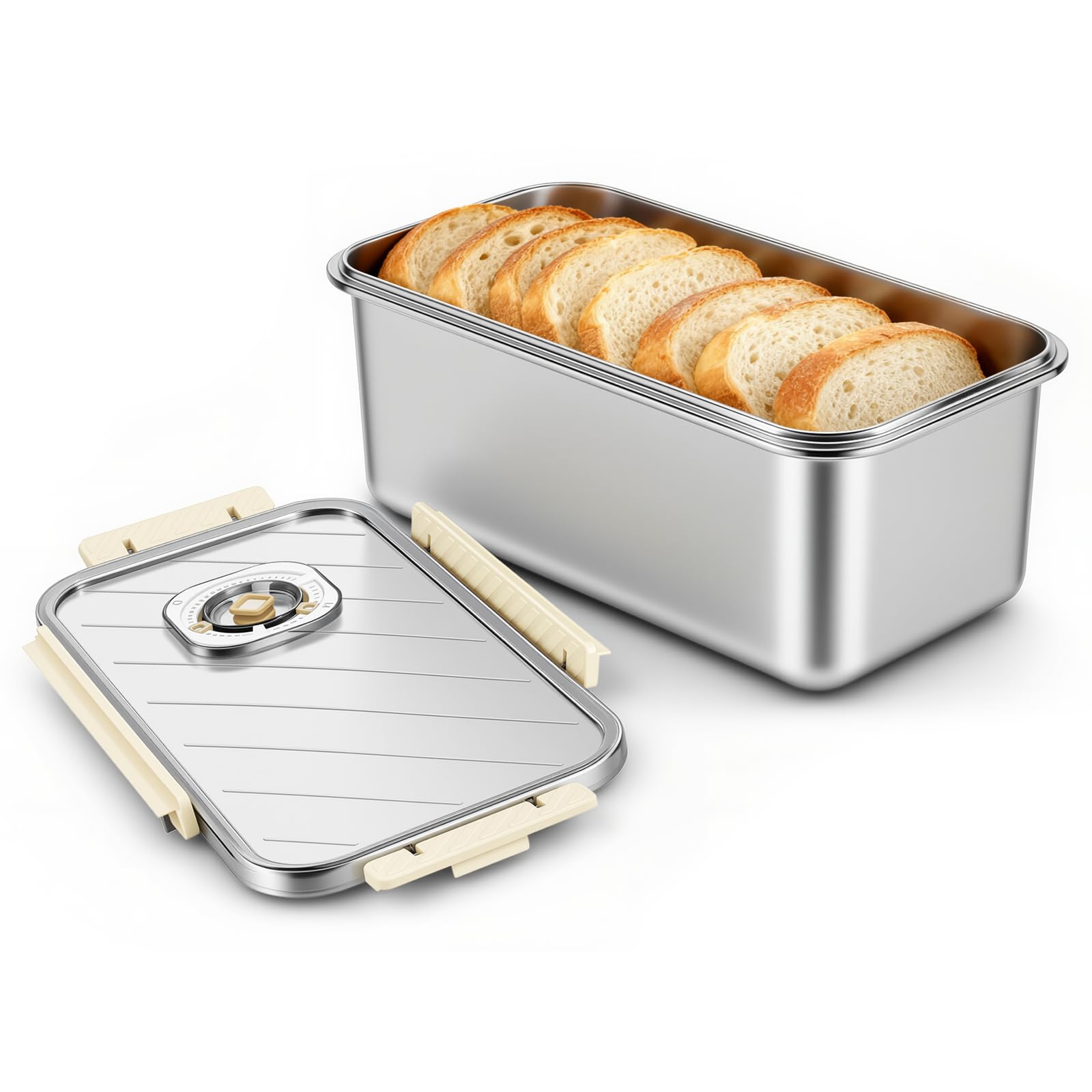 Esyhomi Bread Bin, Stainless Steel Bread Box with Lid, Time Recording Airtight Storage Container for Homemade, Toast, Bagel, Keep Fresh Food Storage Container for Kitchen Counter