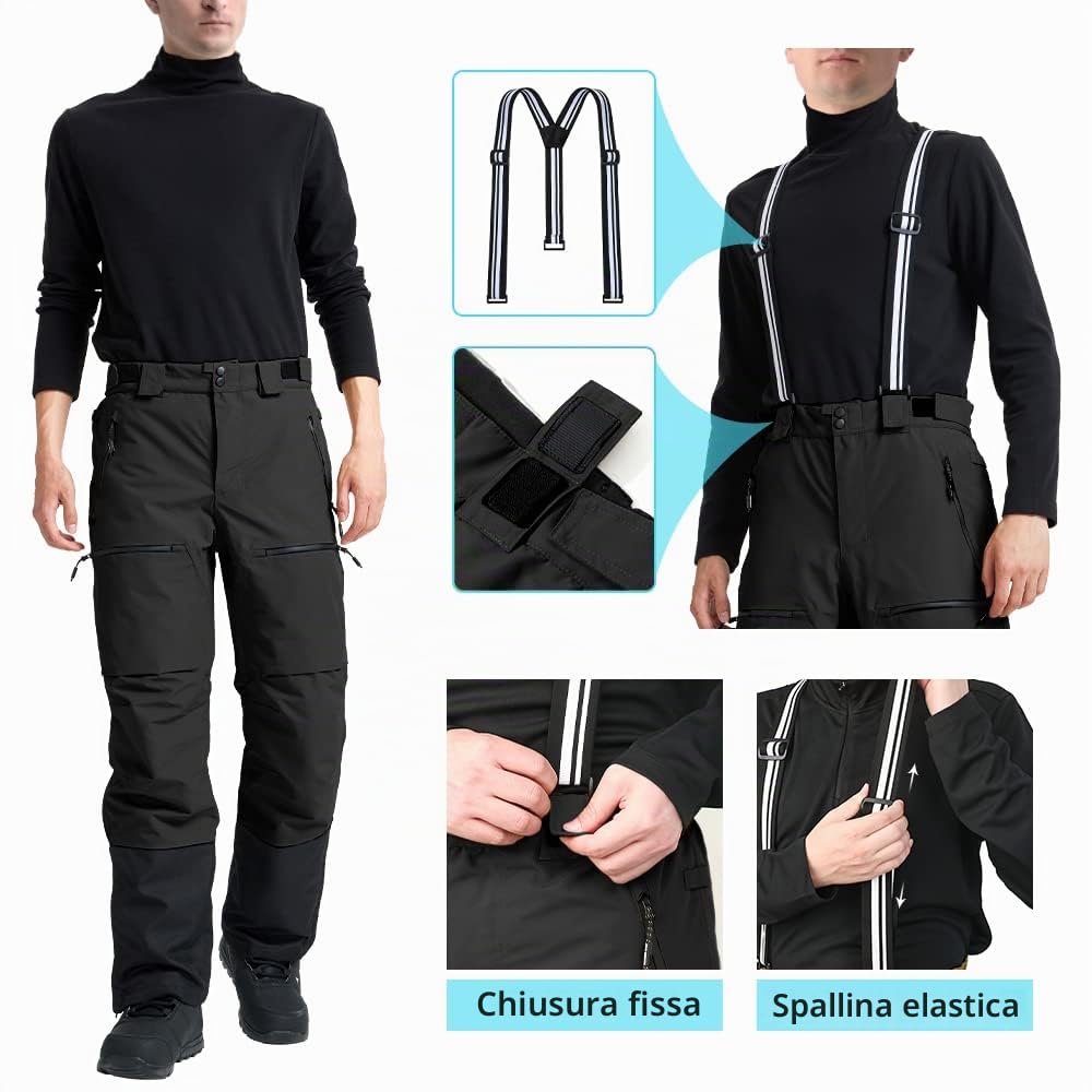 Pioneer Camp Pantaloni da sci e snowboard da uomo, impermeabili, isolanti, antineve, con cinghie rimovibili, per l'inverno, Nero, L