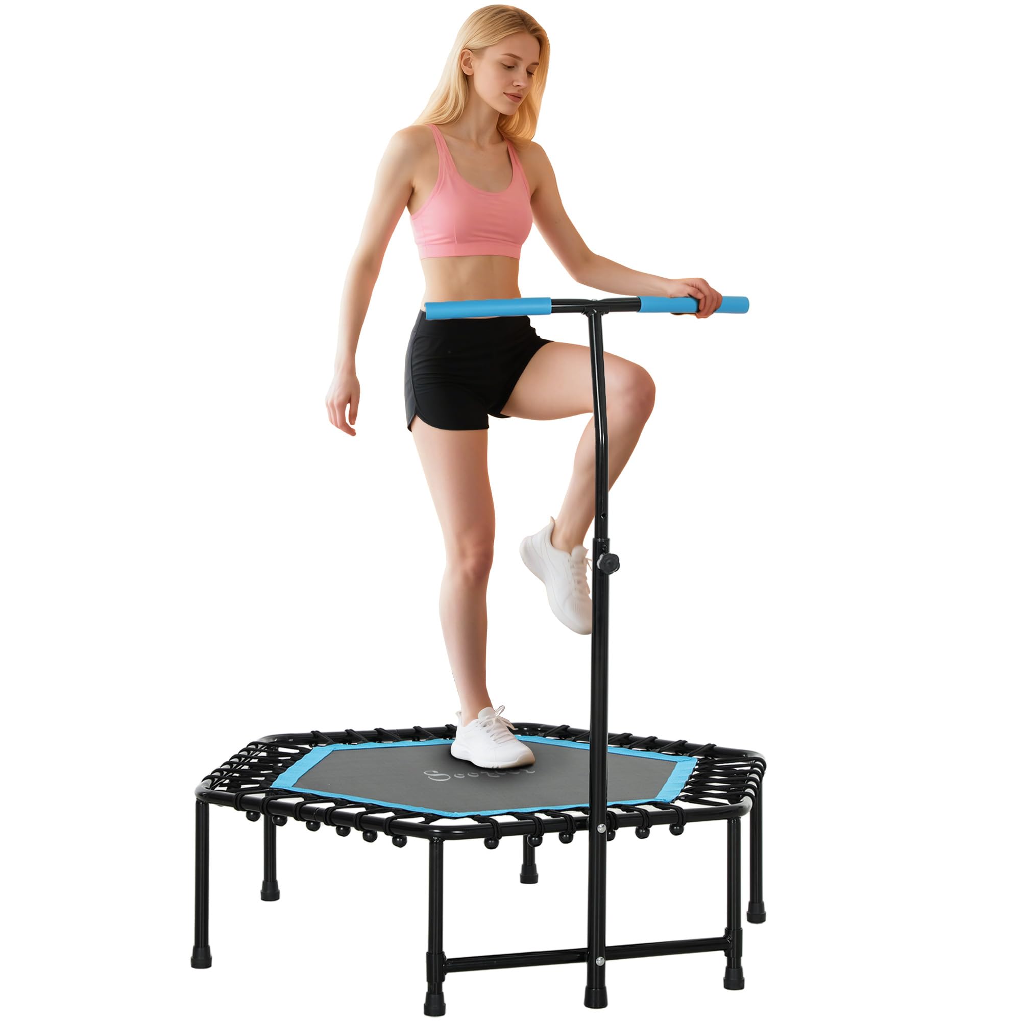 SPORTNOW Trampolín de Fitness 114x114x132 cm Cama Elástica Fitness con Mango Ajustable de 3 Niveles Marco de Acero para Entrenamiento Piernas Cuerpo en Hogar Oficina Gimnasio
