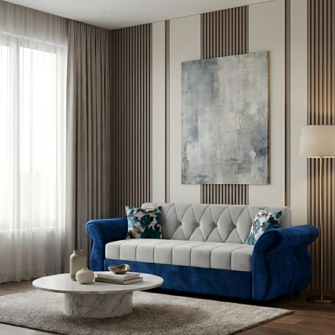 Bharat Lifestyle Alina Fabric 3 Seater Sofa (Blue & Grey) | Modern