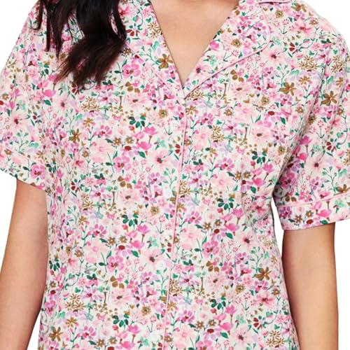 Image of LUBOT 100% Cotton Pajamas for Women 2 Piece PJ Set Poplin Woven Lightweight Ladies Button Short Sleeve Sleepwear S-XXL