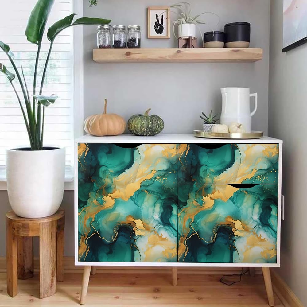 18"x236" Green Gold Marble Fluid Modern Peel and Stick Self Adhesive Wallpaper Removable Contact Paper Stick on Easy Peel Off Wall Paper for Kitchen Bedroom Bathroom Renter