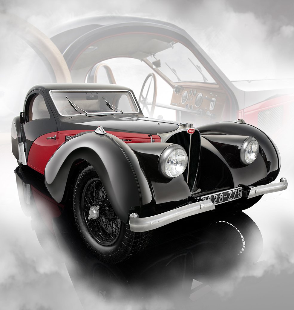 Bauer Exclusive Bugatti Type 57SC Atalante 1937: fedele modello auto in edizione limitata 1:12, porte e cofano mobili, nero-rosso (7828-Z75)
