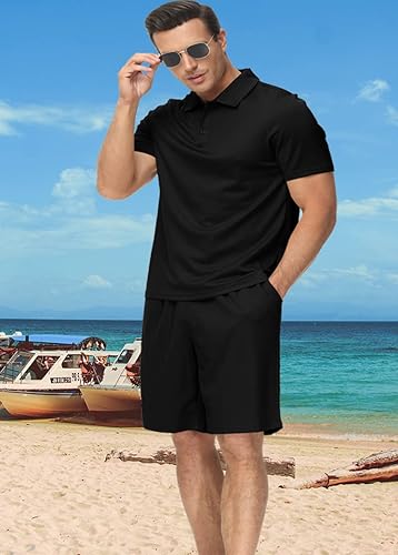 Miniatura 2 de MoFiz Conjunto deportivo para hombre, conjunto de trajes de verano casual, ajuste seco, manga corta, polo, trajes de 2 piezas