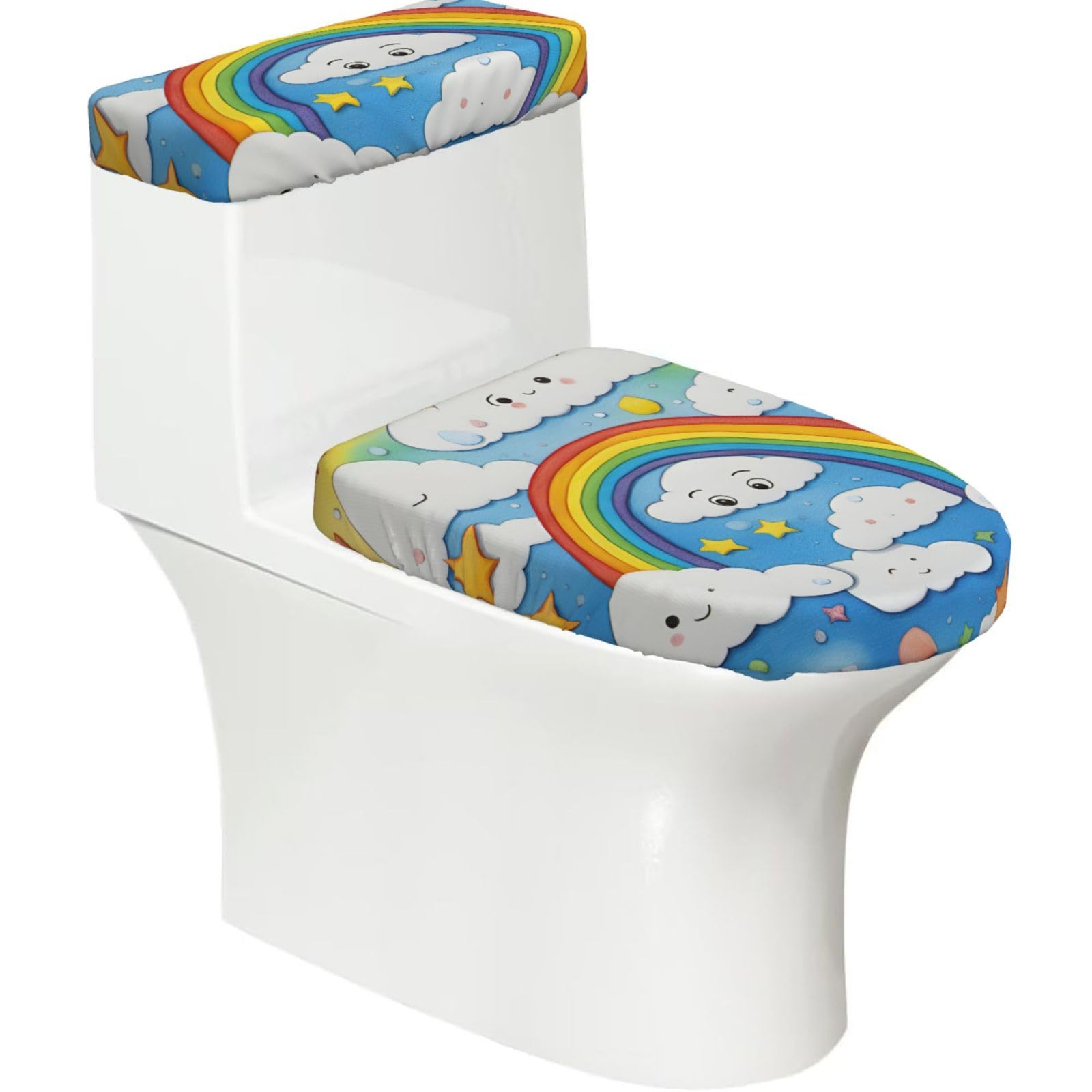 Rainbow Clouds Raindrop Print Stretch Toilet Covers Set, Polyester Covers Replacement For Fits Most Size Lids Bathroom Decor