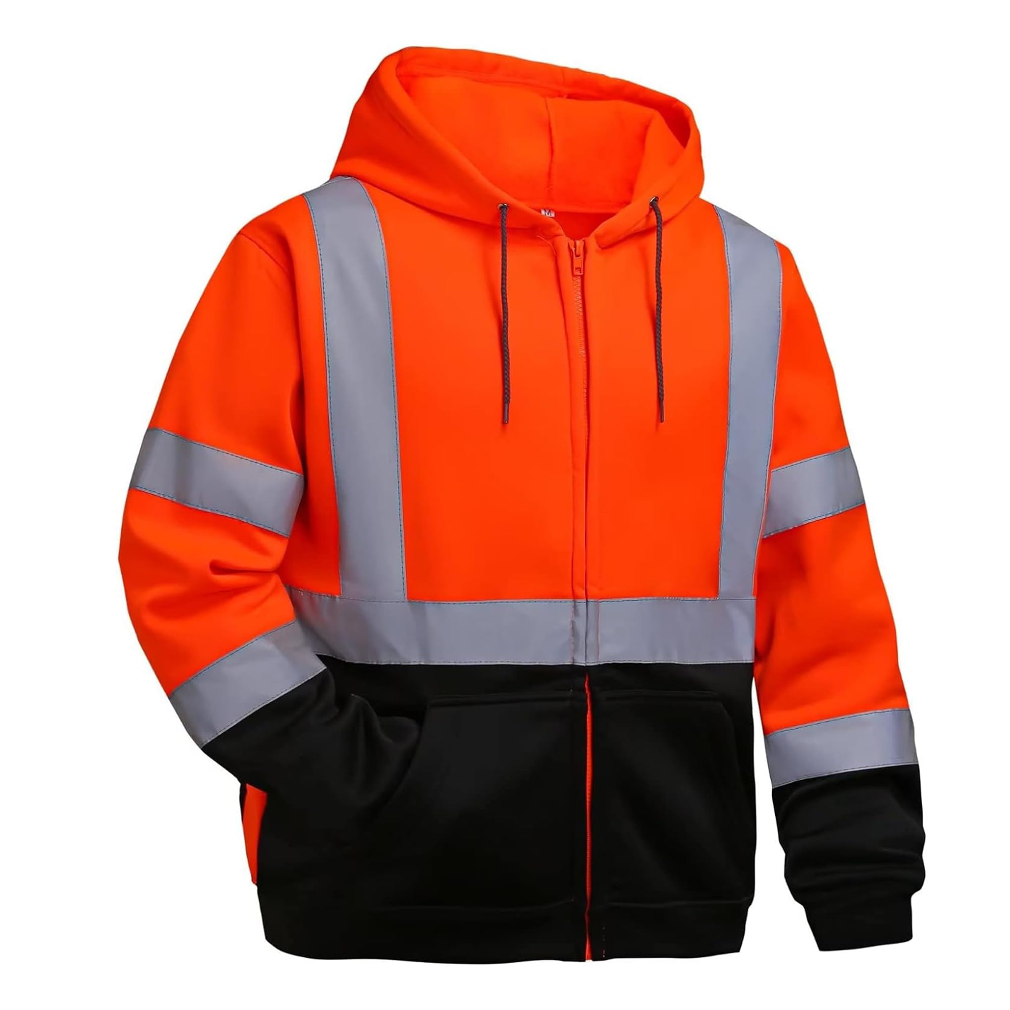 DPSAFETY High visibility Hoodie for Men,Class3 Hi Vis Hoodie with Zipper,Reflective Hooded Hood,Construction work Safety Sweatshirt with Large front