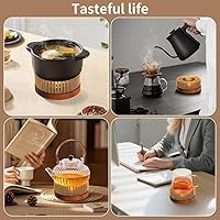 Vista 3 de Calderín de tetera, calentador de té de aluminio con base de madera, calentador de vela para calentar té, café, leche, alimentos, camping y viajes