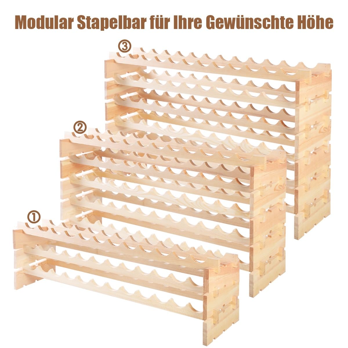 GIANTEX Weinregal Stapelbar Holz, Flaschenregal für 72 Flaschen, Weinschrank Weinständer mit 6 Ebenen, Flaschenständer Modular für Küche Bar, Holzregal 119 x 29 x 72 cm, Naturholzfarbe
