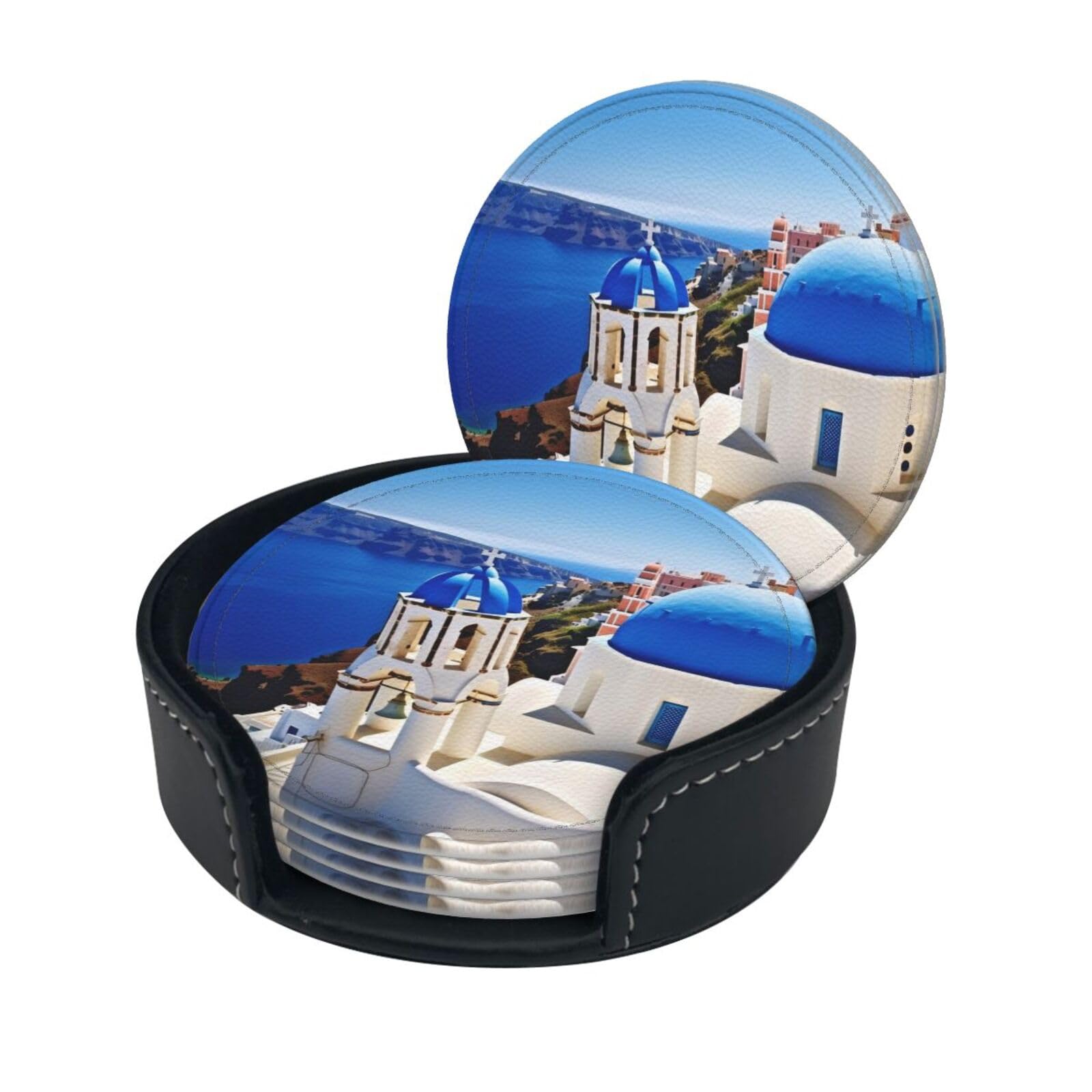 Stylish Coasters - Santorini Island Sea View Set of 6 Round Leather Drink Coasters with Holder - Perfect Size for Cups and Glasses