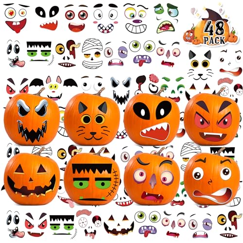 LINAYE 48 PCS Pumpkin Decorating Stickers Kit - Mini Pumpkins Face Stickers for Toddlers Kids Halloween Game Activities Gifts & Party Favors