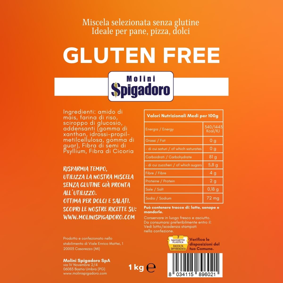 Molini Spigadoro Mix Gluten Free (6pezzi x 1kg) Ideale per la preparazione di impasti sia dolci che salati: per pane, pizza e pasticceria senza glutine