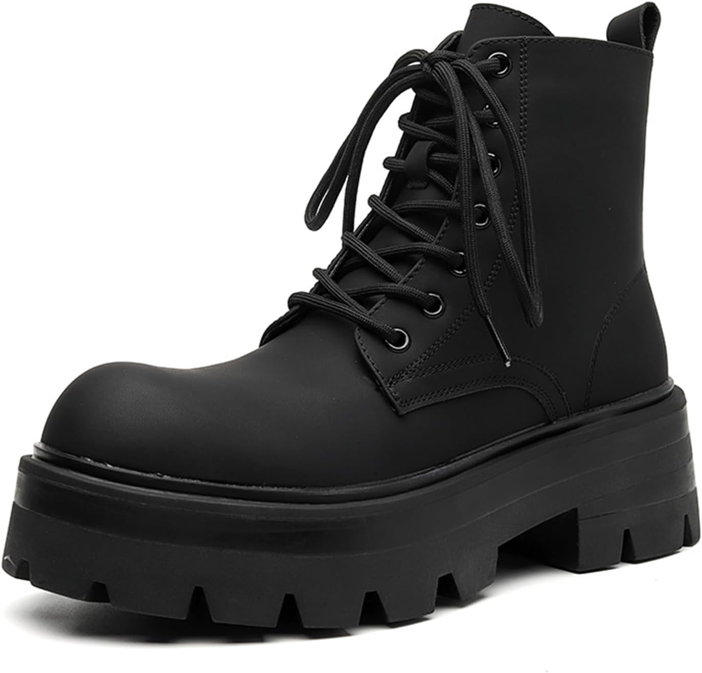 Men Black Leather Lace-up Platform Combat Boots Retro Round Top Lace-Up Comfort Chunky Heel Lug Sole Casual Biker Ankle