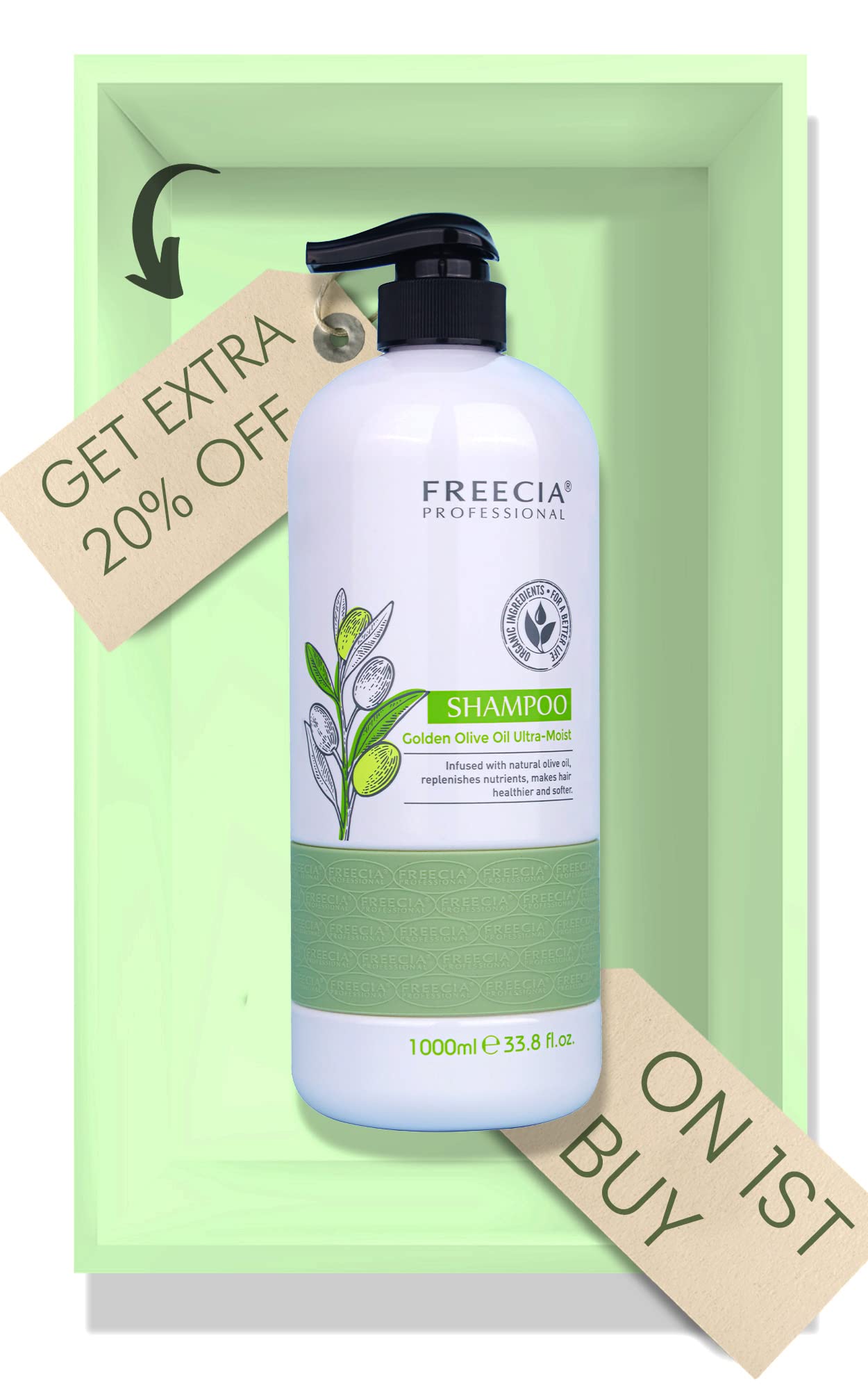 FREECIA® Professional Golden Olive Ultra-Moist Shampoo, Paraben Free | 80% Organic | Olive Oil Extracts | Moisturizes Hair | Reduces Dryness, Brittleness and Breakage | Best Shampoo | Unisex | 1000ml