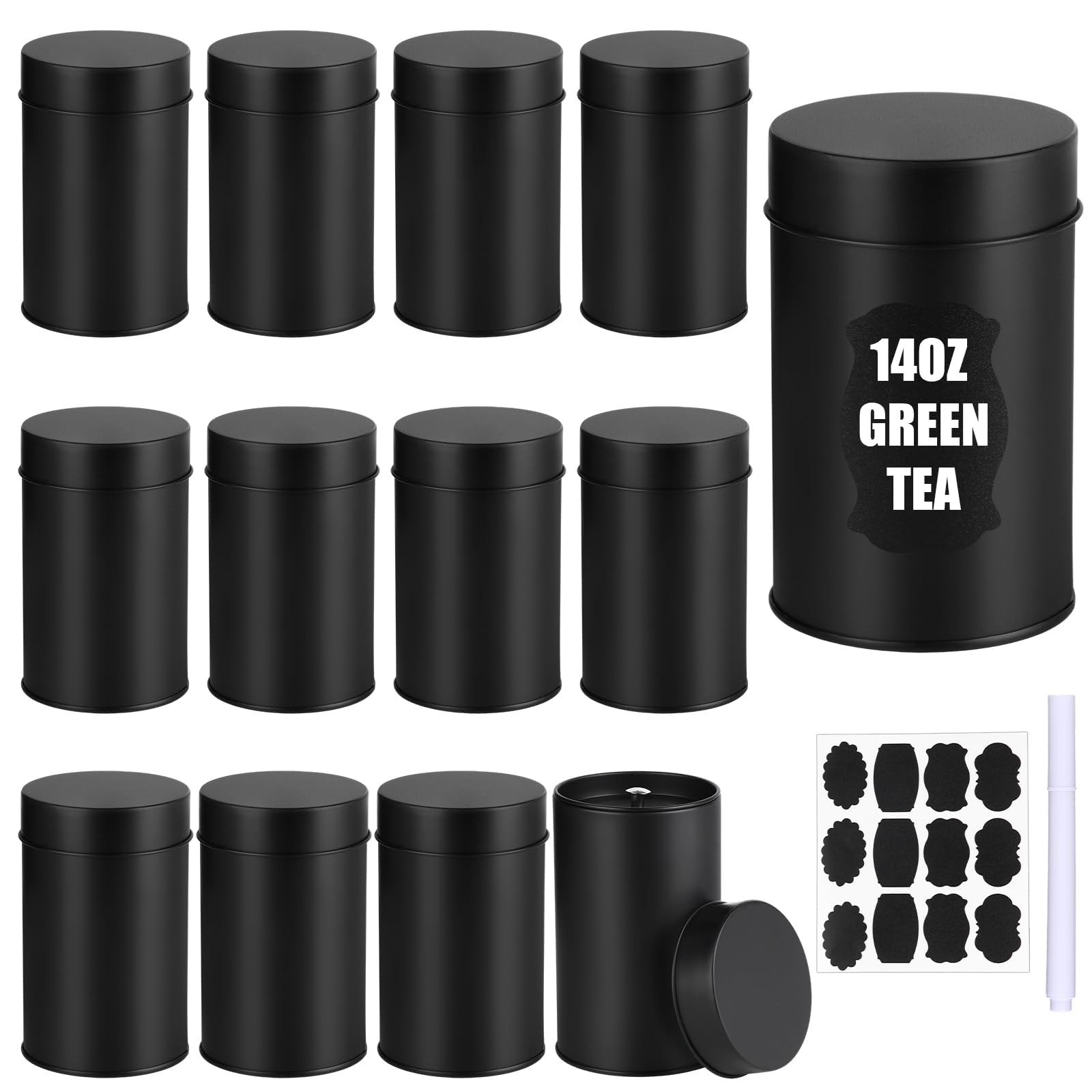 12Pcs Tea Tin Canisters with Airtight Double Lids, 14oz Round Black Metal Tea Tin Cans Sealed Small Kitchen Container Storage for Loose Leaf Tea Coffee Sugar Candy Spices