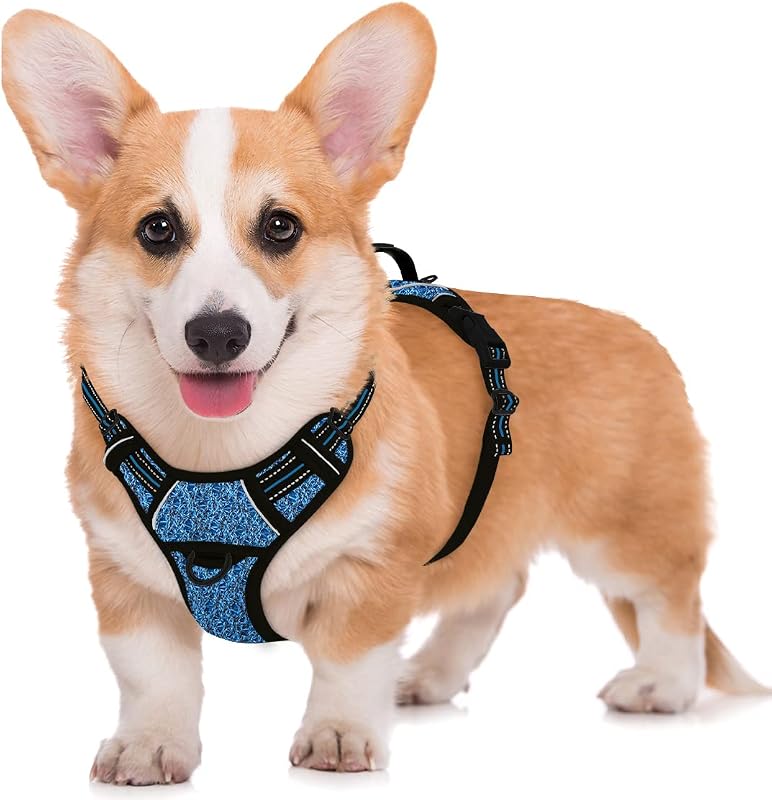 Peitoral Vest para Cães BARKBAY Air Mesh Antipuxão com Guia Frontal, Faixas Refletivas e Bolso para Identificação Azul/Preto, Tamanho M