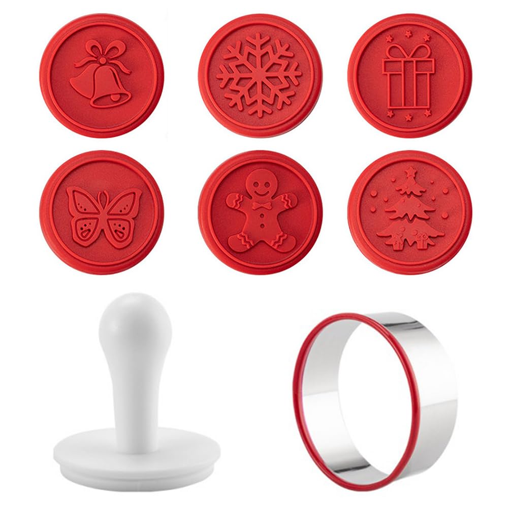 Hemoton Christmas Cookie Stamps Set, Silicone Cookie Stamps for for DIY Christmas Kitchen Baking, Include 6 Stamps, 1 Round Cookie Cutter, 1 Press, Non Stick