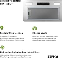 Vista 2 de Zephyr Campana extractora de 400 CFM de potencia de 3 velocidades con ventilador Tornado Mini Canopy inserto de ventilación con controles