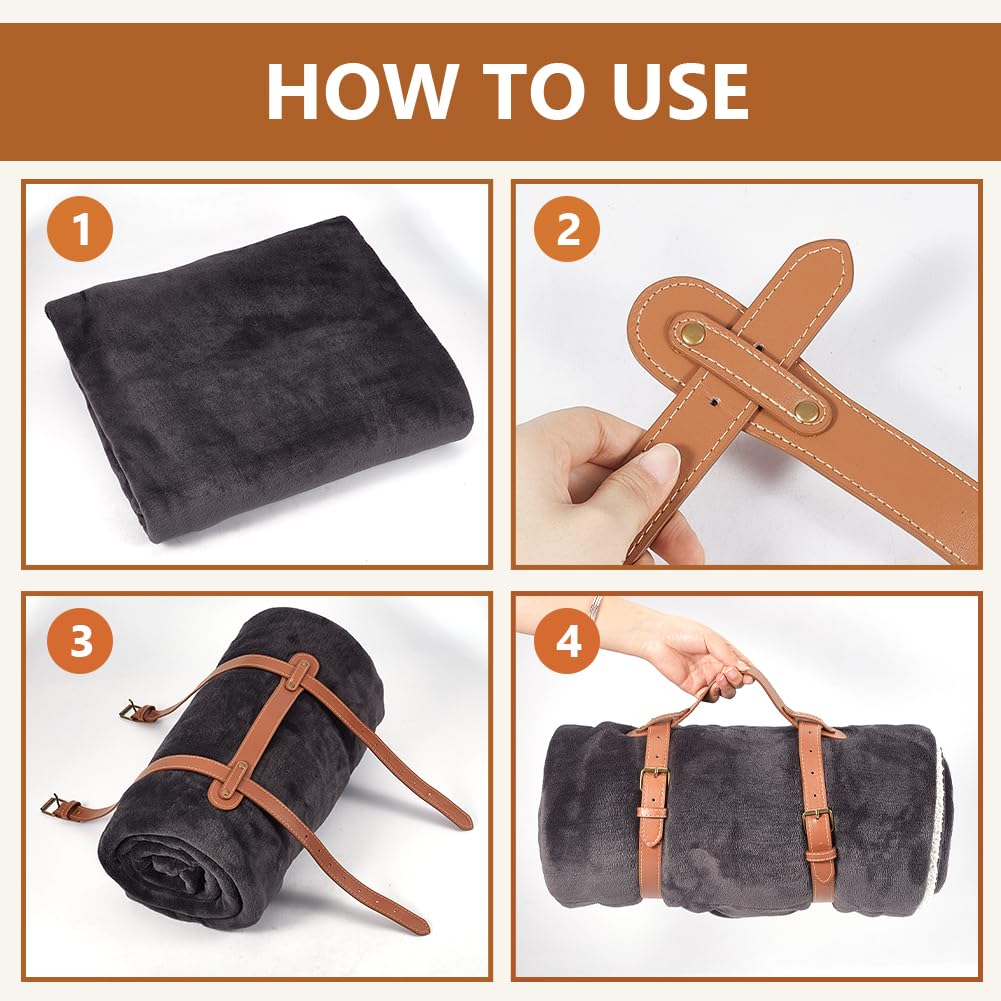 BENECREAT 3 Cinghia per Il Trasporto di Una Coperta Da Picnic In Pelle PU Da 70x30cm, Porta Tappetino Da Picnic Regolabile per Moto, Cinghia per Tappeto Da Letto, Escursioni, Campeggio